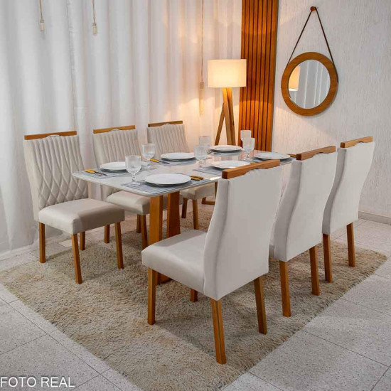 Mesa de Jantar Pedro 160x80 Vidro Off Base Madeira + 6 Cadeiras G�nova Veludo Bege 512 Art Assento - Entregue Montada