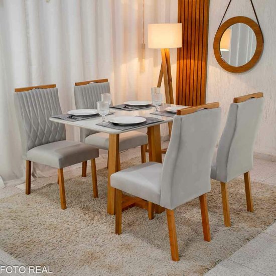 Mesa de Jantar Pedro 120x80 Vidro Off Base Madeira + 4 Cadeiras G�nova Veludo Prata 514 Art Assento - Entregue Montada