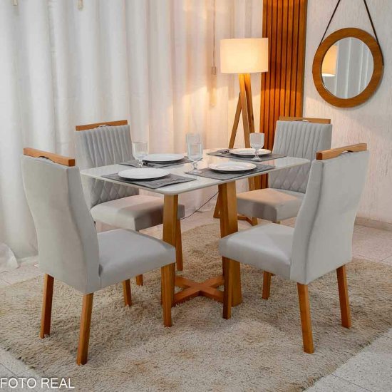 Mesa de Jantar Pedro 120x80 Vidro Off Base Madeira + 4 Cadeiras G�nova Veludo Prata 514 Art Assento - Entregue Montada