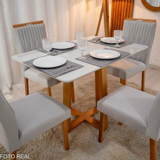 Mesa de Jantar Pedro 120x80 Vidro Off Base Madeira + 4 Cadeiras G�nova Veludo Prata 514 Art Assento - Entregue Montada