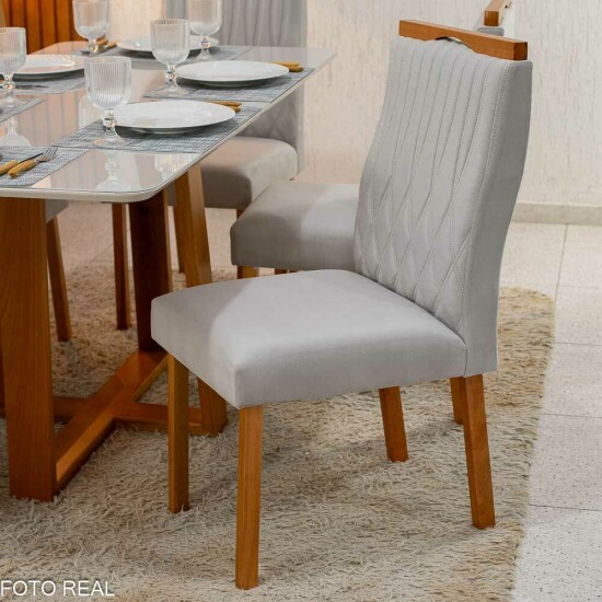 Mesa de Jantar Pedro 120x80 Vidro Off Base Madeira + 4 Cadeiras G�nova Veludo Prata 514 Art Assento - Entregue Montada