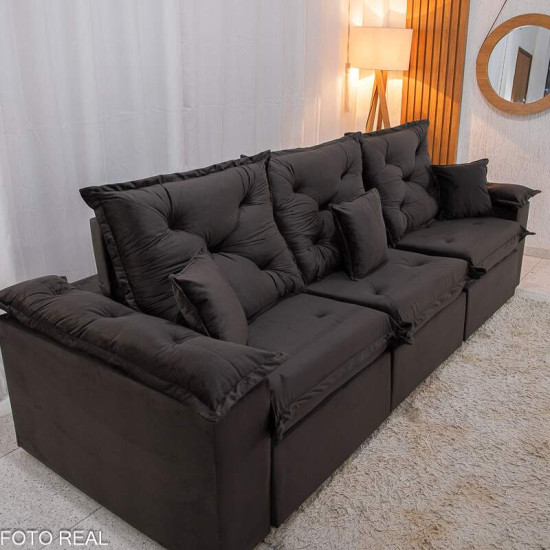 Sof� Retr�til Reclin�vel Porto Madri 2,70m Veludo Marrom Caf�