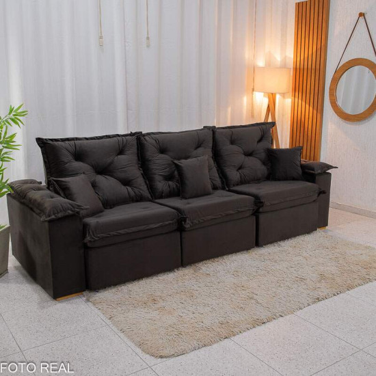 Sof� Retr�til Reclin�vel Porto Madri 2,70m Veludo Marrom Caf�