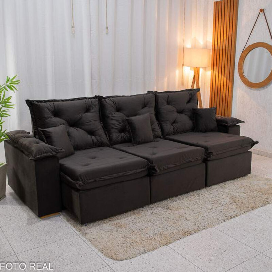 Sof� Retr�til Reclin�vel Porto Madri 2,70m Veludo Marrom Caf�