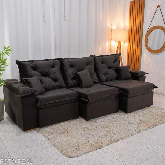 Sof� Retr�til Reclin�vel Porto Madri 2,70m Veludo Marrom Caf�