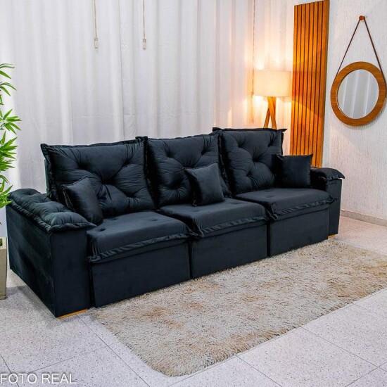 Sof Retrtil Reclinvel Porto Madri 2.70m Veludo Preto - D28 Pr Aditivada