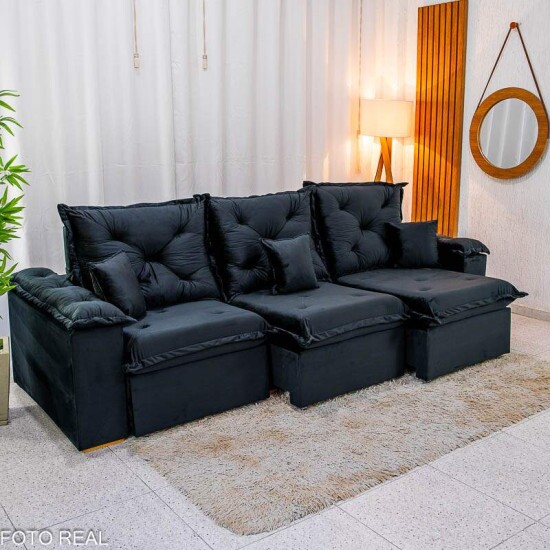 Sof Retrtil Reclinvel Porto Madri 2.70m Veludo Preto - D28 Pr Aditivada