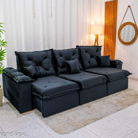 Sof Retrtil Reclinvel Porto Madri 2.70m Veludo Preto - D28 Pr Aditivada