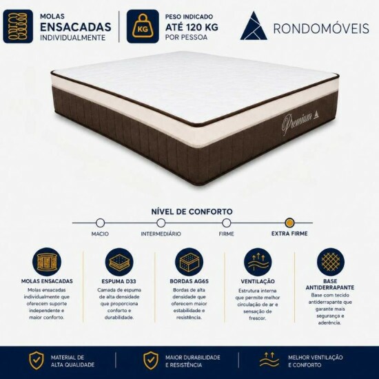 Colch�o Casal Molas Ensacadas Pocket Premium Plus Rondom�veis + Base Box Casal Rondopremium Rondom�veis - 138x188x70