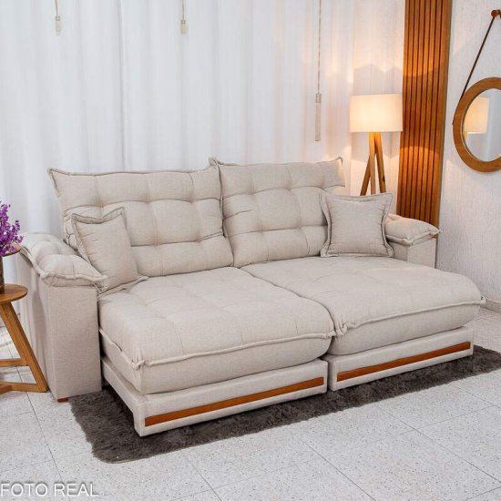 Sof� Retr�til Reclin�vel Barcelona 2,30m Linho Bege 459 com 2 Almofadas - D33 e Molas Ensacadas
