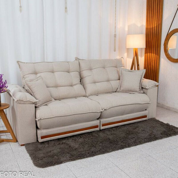 Sof Retrtil Reclinvel Barcelona 2.30m Linho Bege 459 C/ 2 Almofadas - D33 e Molas Ensacadas Pocket