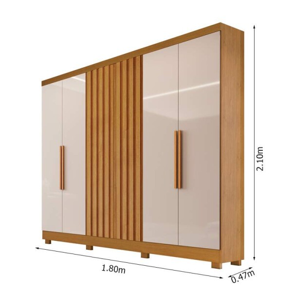 Roupeiro Cabo Frio 6 Portas Ripado 100% MDF Nature/Off Larg. 1.80m - Bianchi