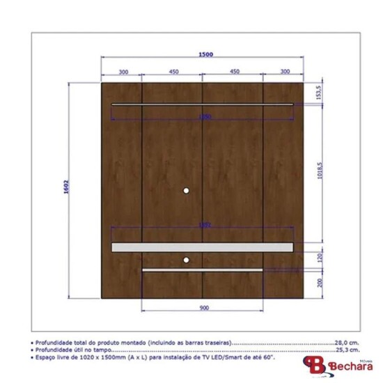 Painel 1,50m Leme Ripado/Off White com Impress�o Ripada 3D para TV at� 60\" - Bechara