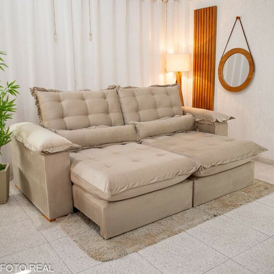 Sof Retrtil Reclinvel Maldivas 2.50m Veludo Bege A32 - Espuma Pr Aditivada