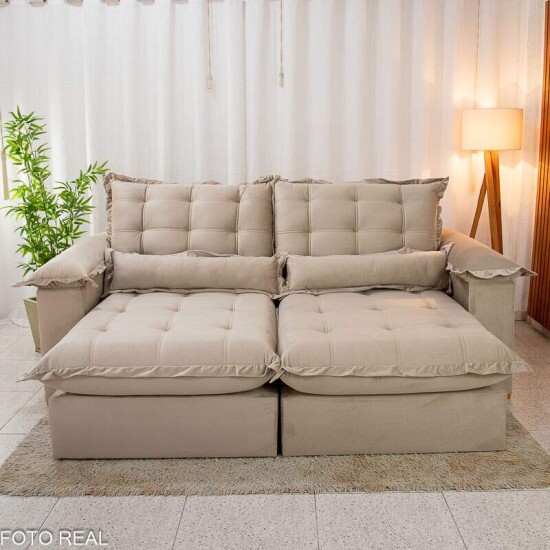 Sof Retrtil Reclinvel Maldivas 2.50m Veludo Bege A32 - Espuma Pr Aditivada