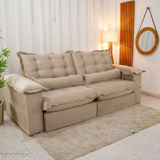Sof Retrtil Reclinvel Maldivas 2.50m Veludo Bege A32 - Espuma Pr Aditivada