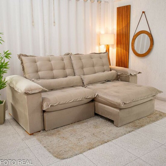 Sof Retrtil Reclinvel Maldivas 2.50m Veludo Bege A32 - Espuma Pr Aditivada