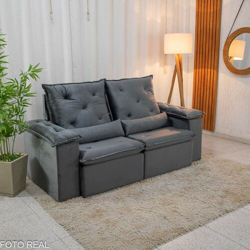 Sof Retrtil Reclinvel City 1.95m Veludo Cinza - D28