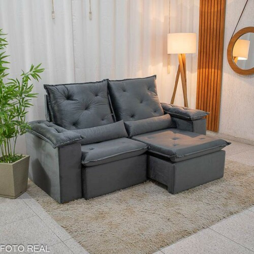 Sof Retrtil Reclinvel City 1.95m Veludo Cinza - D28