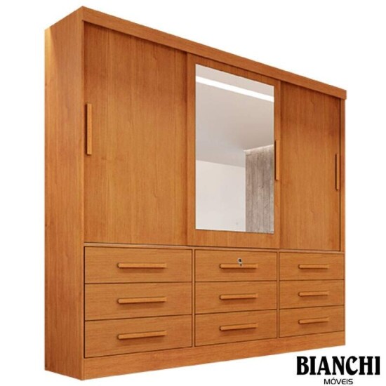 Guarda-roupa Casal Turim Nature 3 Portas 9 Gavetas C/ 1 Espelho 100% MDF Larg. 2.11 - Bianchi