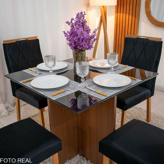 Mesa de Jantar Helo 90x90 Vidro Preto Base Mel Poliman + 4 Cadeiras Lisboa Veludo Preto 504 Art Assento