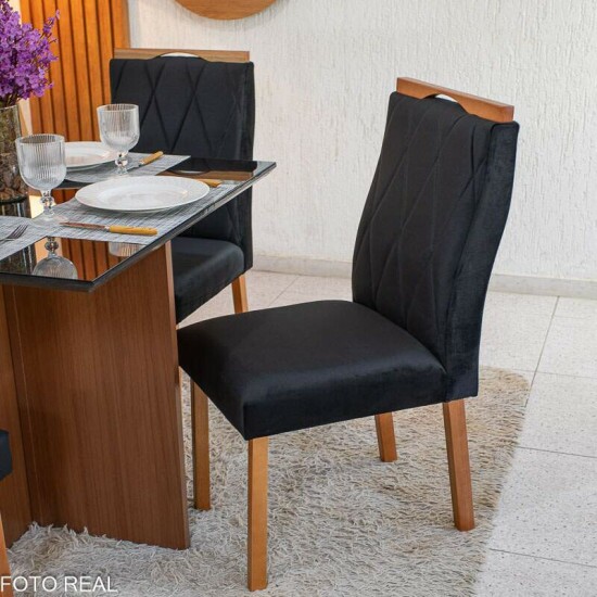Mesa de Jantar Helo 90x90 Vidro Preto Base Mel Poliman + 4 Cadeiras Lisboa Veludo Preto 504 Art Assento