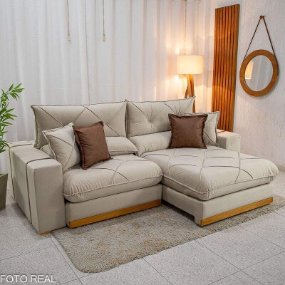 Sof Retrtil Reclinvel Gran Bello 2.50m Veludo Bege Claro - D33 e Molas Ensacadas Pocket