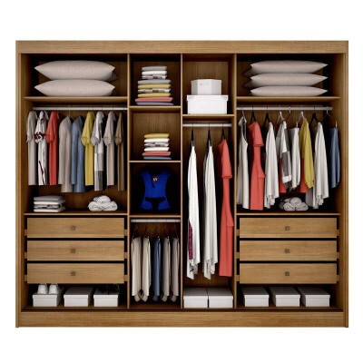 Roupeiro Casal Diamond Plus Cumaru/Fendi Fosco 3 Portas 6 Gavetas C/ 1 Espelho 100% MDF Larg. 2.41m - Novo Horizonte