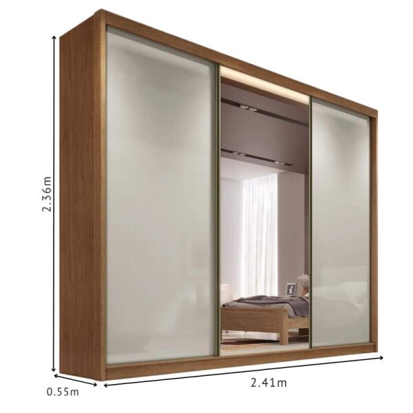 Roupeiro Casal Diamond Plus Cumaru/Fendi Fosco 3 Portas 6 Gavetas C/ 1 Espelho 100% MDF Larg. 2.41m - Novo Horizonte