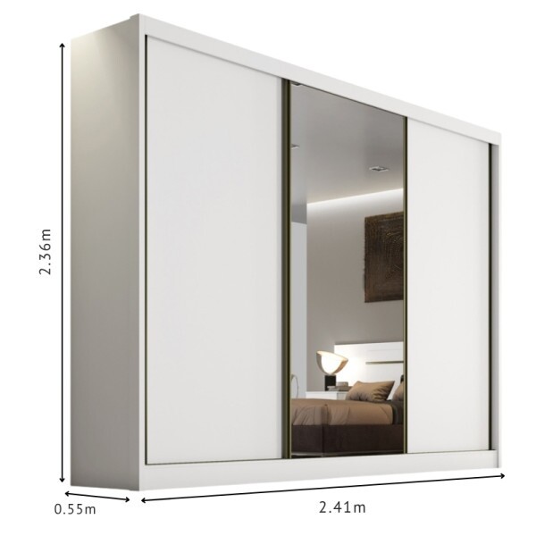Roupeiro Casal Diamond Plus Neve 3 Portas 6 Gavetas C/ 1 Espelho 100% MDF Larg. 2.41m - Novo Horizonte