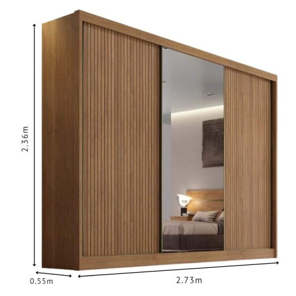 Roupeiro Sollo Plus Ripado 3D Cumaru 3 Pts 6 Gav. C/1Espelho 100% MDF Larg. 2.73m Novo Horizonte