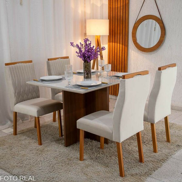 Mesa de Jantar Helo 12090 Tampo MDF Vidro Off 4 Cad. Genova Veludo Bege 512 Madeira Macia