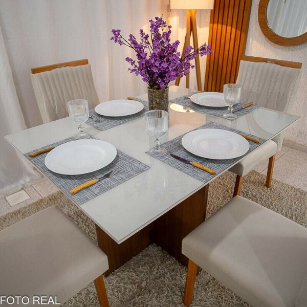Mesa de Jantar Helo 12090 Tampo MDF Vidro Off 4 Cad. Genova Veludo Bege 512 Madeira Macia
