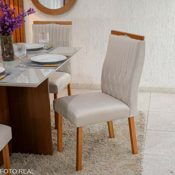Mesa de Jantar Helo 12090 Tampo MDF Vidro Off 4 Cad. Genova Veludo Bege 512 Madeira Macia