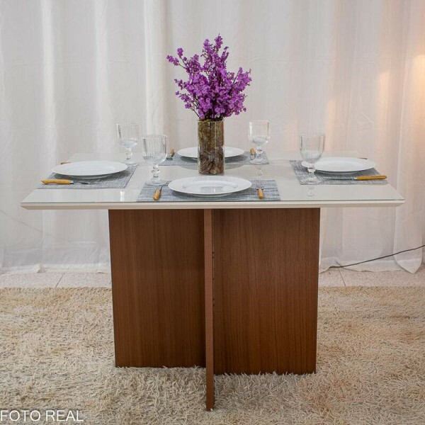Mesa de Jantar Helo 12090 Tampo MDF Vidro Off 4 Cad. Genova Veludo Bege 512 Madeira Macia