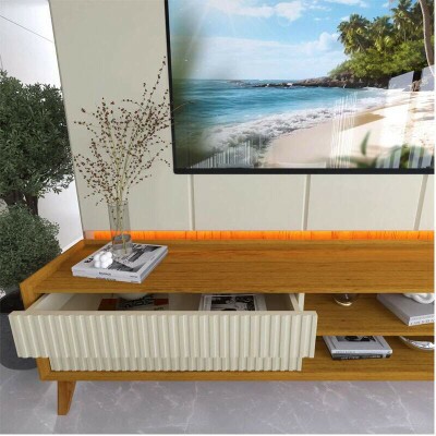 Rack Magn�fico 212 Larg. 2.18m + Painel Magn�fico 220 Nature/Off C/LED e Detalhe Ripado para TV at� 85
