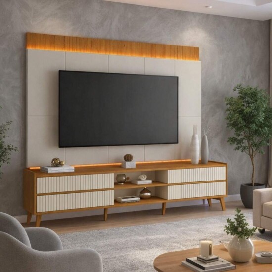 Rack Magn�fico 212 Larg. 2.18m + Painel Magn�fico 220 Nature/Off C/LED e Detalhe Ripado para TV at� 85\\\" - Gelius