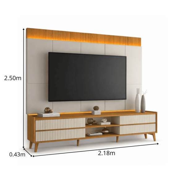Rack Magn�fico 212 Larg. 2.18m + Painel Magn�fico 220 Nature/Off C/LED e Detalhe Ripado para TV at� 85\\\" - Gelius