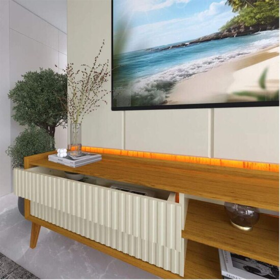 Rack Magn�fico 212 Larg. 2.18m + Painel Magn�fico 220 Nature/Off C/LED e Detalhe Ripado para TV at� 85\\\" - Gelius