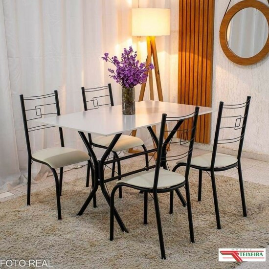 Conjunto Paraty C/4 Cad. Assento Creme Base Cabo Frio Preto Fosco 120x75 Tampo Pedra Off - Teixeira