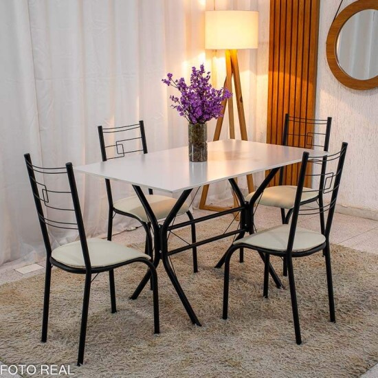 Conjunto Paraty C/4 Cad. Assento Creme Base Cabo Frio Preto Fosco 120x75 Tampo Pedra Off - Teixeira