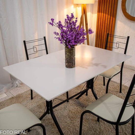 Conjunto Paraty C/4 Cad. Assento Creme Base Cabo Frio Preto Fosco 120x75 Tampo Pedra Off - Teixeira