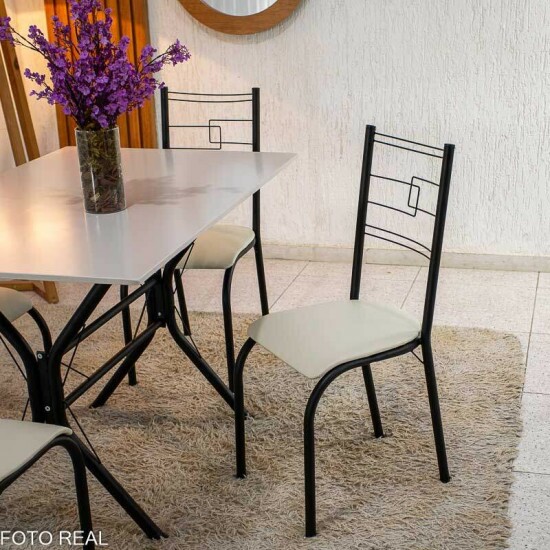 Conjunto Paraty C/4 Cad. Assento Creme Base Cabo Frio Preto Fosco 120x75 Tampo Pedra Off - Teixeira