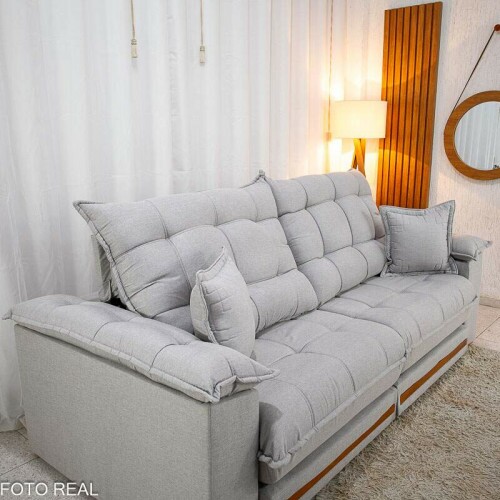 Sof Retrtil Reclinvel Barcelona 2.30m Linho Cinza Claro 461 C/ 2 Almofadas - D33 e Molas Ensacadas Pocket