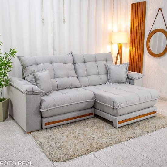 Sof� Retr�til Reclin�vel Barcelona 2,30m Linho Cinza 461 com 2 Almofadas - D33 e Molas Ensacadas