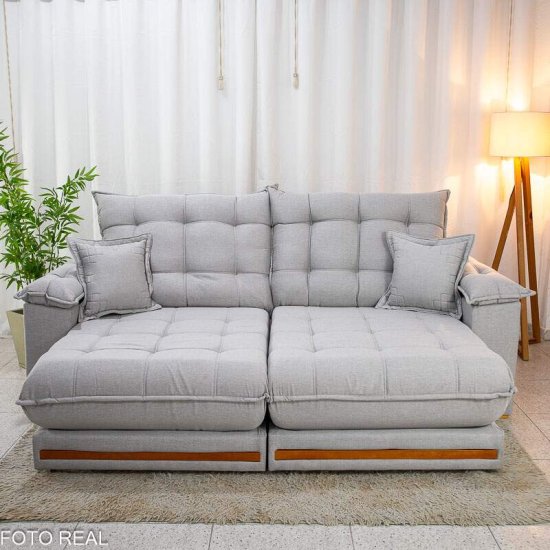 Sof� Retr�til Reclin�vel Barcelona 2,30m Linho Cinza 461 com 2 Almofadas - D33 e Molas Ensacadas