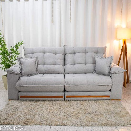 Sof� Retr�til Reclin�vel Barcelona 2,30m Linho Cinza 461 com 2 Almofadas - D33 e Molas Ensacadas