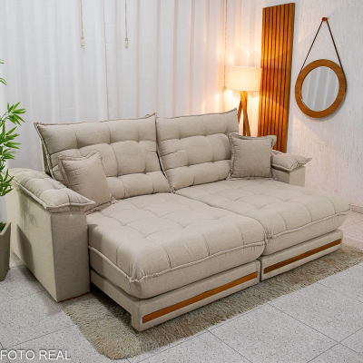 Sof Retrtil Reclinvel Barcelona 2.50m Linho Bege 459 C/ 2 Almofadas - D33 e Molas Ensacadas Pocket