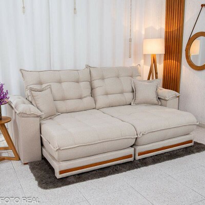 Sof Retrtil Reclinvel Barcelona 2.50m Linho Bege 459 C/ 2 Almofadas - D33 e Molas Ensacadas Pocket