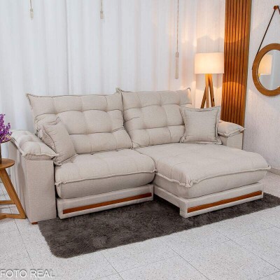 Sof Retrtil Reclinvel Barcelona 2.50m Linho Bege 459 C/ 2 Almofadas - D33 e Molas Ensacadas Pocket